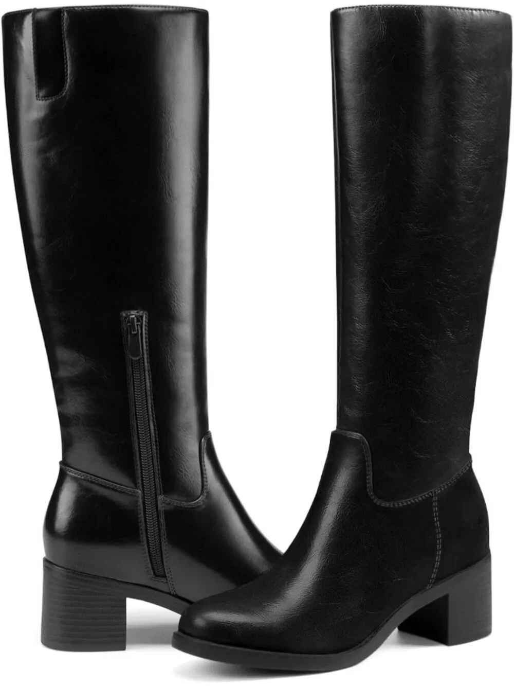 Women's Black Chunky Heel Round Toe Pu Suede Side Zipper Knee High Boots